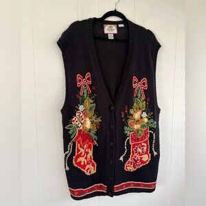 Tiara Women's Christmas Sweater Vest Black/Red Size 26/28 Vintage embroidered
